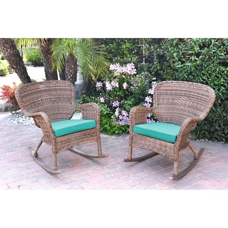 Jeco W00212-R-2-FS032 Windsor Honey Resin Wicker Rocker Chair with Turquoise Cushions, 2PK W00212-R_2-FS032